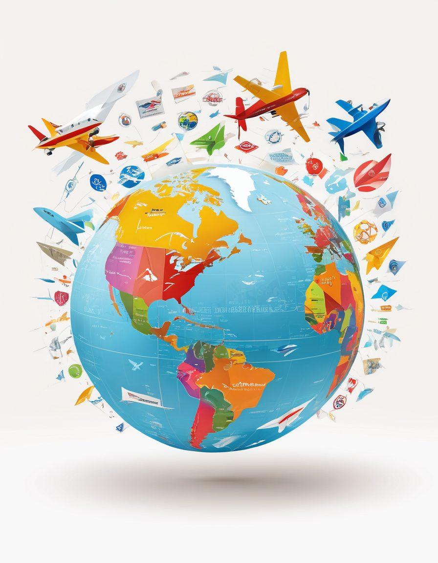 A globe surrounded by various low-cost airline logos, with colorful paper planes flying around it. In the background, a digital map filled with travel destinations and price tags, representing savings. Bright and cheerful colors to evoke a sense of adventure and affordability. The scene should feel dynamic and inviting, capturing the excitement of travel. vector art. vibrant colors. white background.