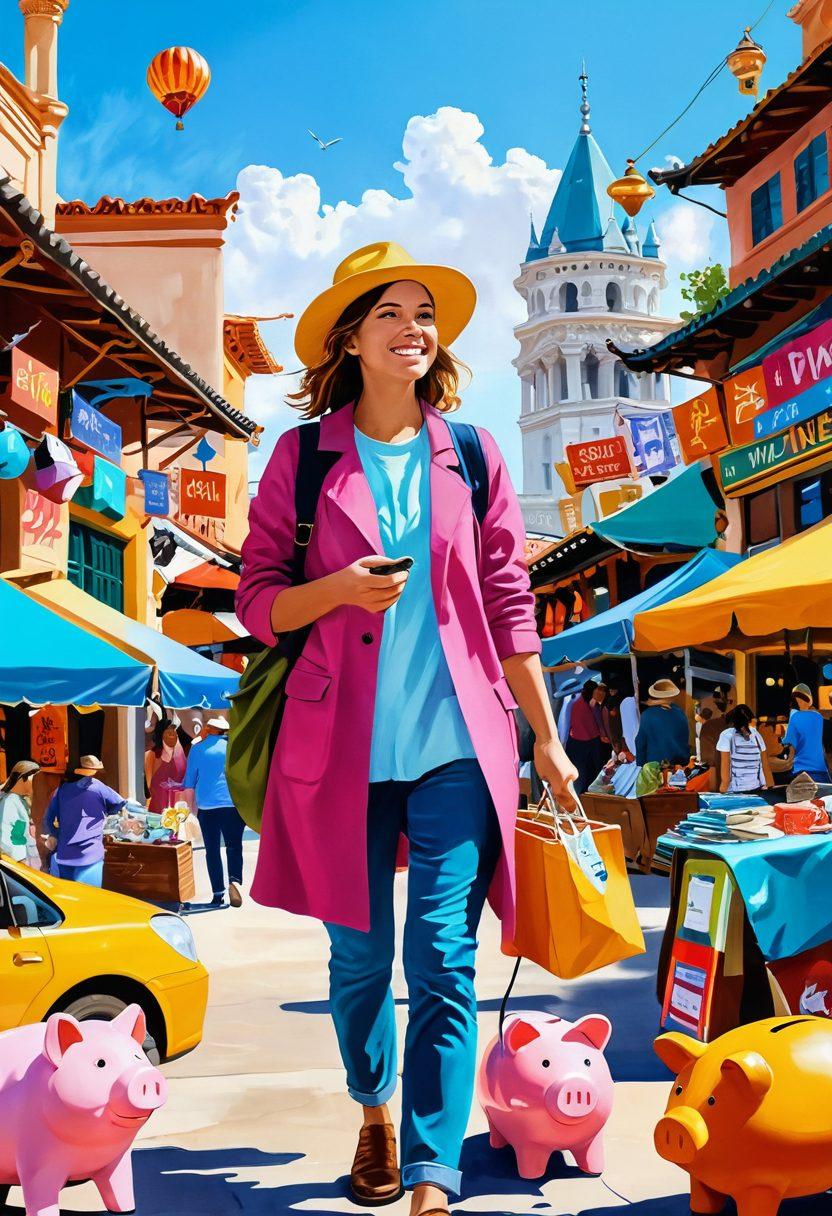 A wanderer exploring a vibrant marketplace filled with colorful travel gear and discount signs, with a backdrop of world landmarks creating a sense of adventure. Include a sunny sky and joyful expressions on people's faces as they search for deals. Incorporate elements like a map and a piggy bank to symbolize budgeting. painting. vibrant colors. travel-themed.