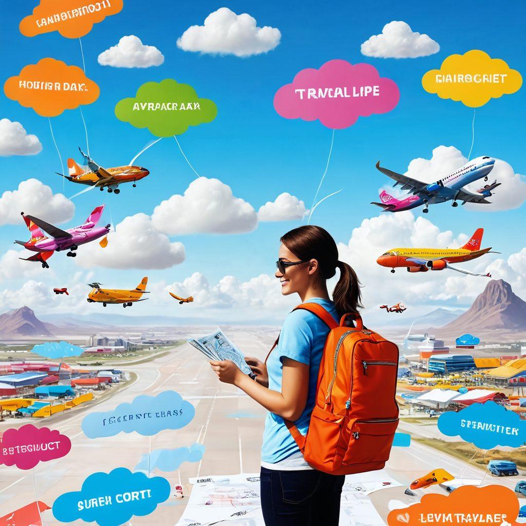 A whimsical airport landscape showcasing vibrant planes with price tags in bright colors, a cheerful traveler with a backpack studying a budget map, and cloud-shaped thought bubbles revealing secret travel tips. The scene should feel inviting and playful, evoking a sense of adventure. super-realistic. vibrant colors. white background.